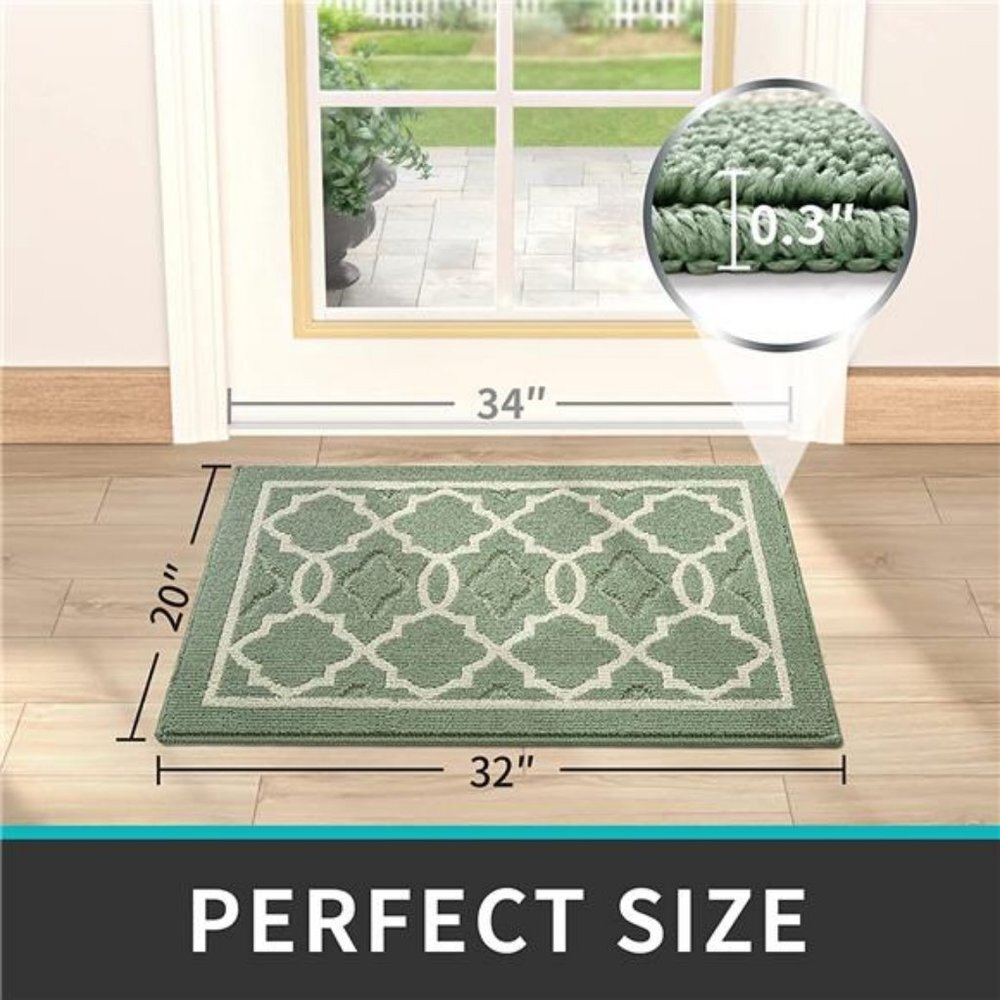32"x20" Non-Slip Low-Profile Entrance Rug, Machine Washable Doormat Green